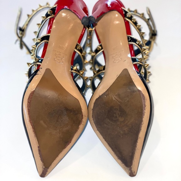 Francesco Sacco Black Patent w/Gold Studs & Red Trim, Ankle Strap, Sz 7.5, Italy - Picture 9 of 15